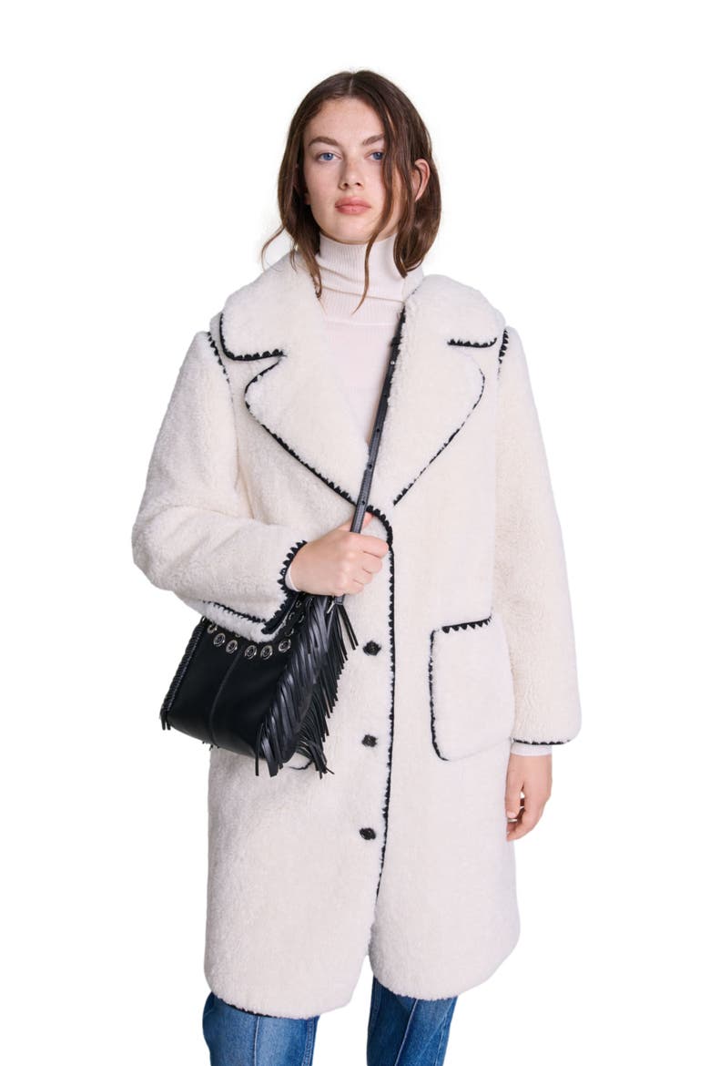 Mid-length fleece coat, Alternate, color, Ecru black