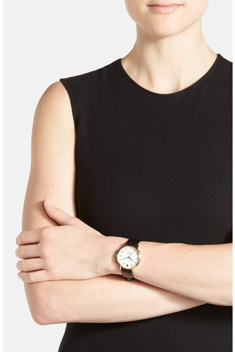 'metro' round leather strap watch, 34mm, Alternate, color, GOLD/ BLACK