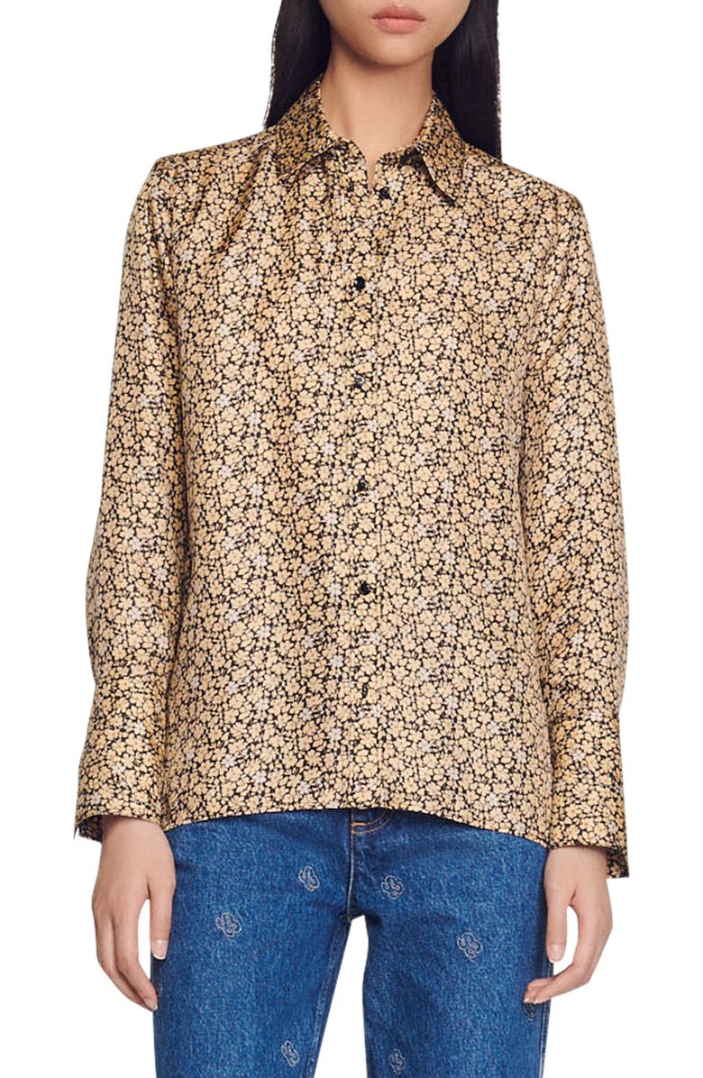 SANDRO Annita Floral Print Silk Blouse, Main, color, Beige