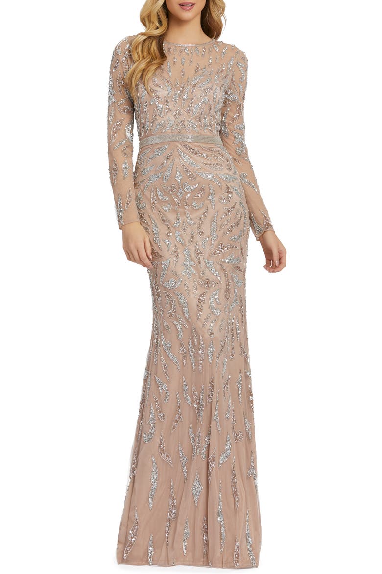 Abstract Beaded Long Sleeve Evening Gown, Main, color, MOCHA