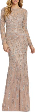 Mac Duggal Abstract Beaded Long Sleeve Evening Gown