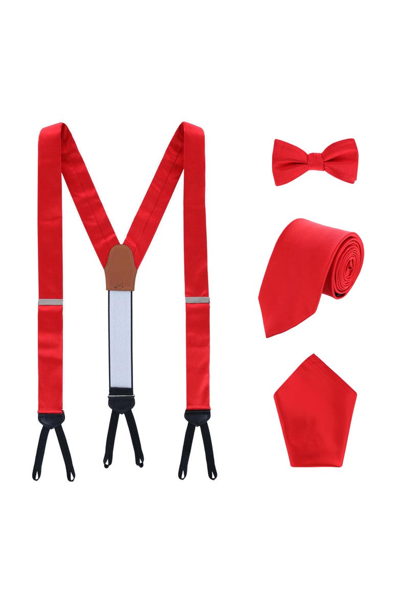 Sutton Solid Color Silk Brace Bow Tie Necktie and Pocket Square Set, Main, color, Red