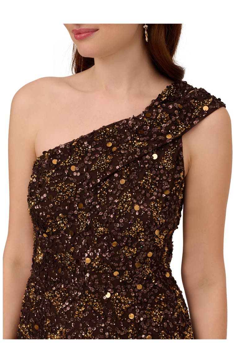 Beaded One-Shoulder Gown, Alternate, color, CHOCOLATE