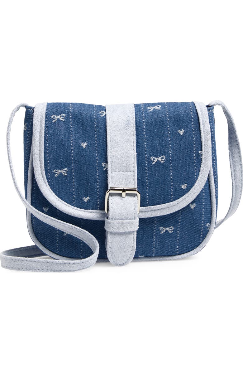 Capelli New York Kids' Bow Embroidery Denim Saddle Bag, Main, color, Blue Combo