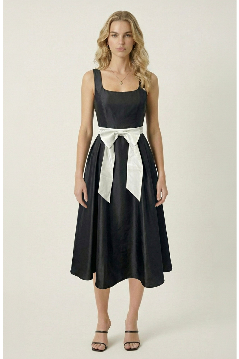 Sleeveless Contrast Bow Midi Dress, Main, color, Black / Cream