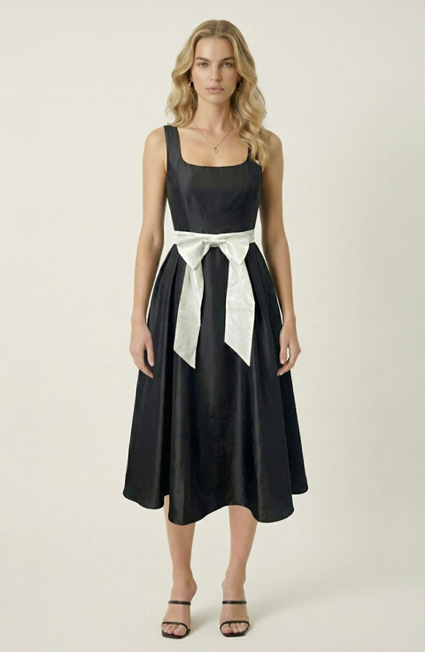 Sleeveless Contrast Bow Midi Dress