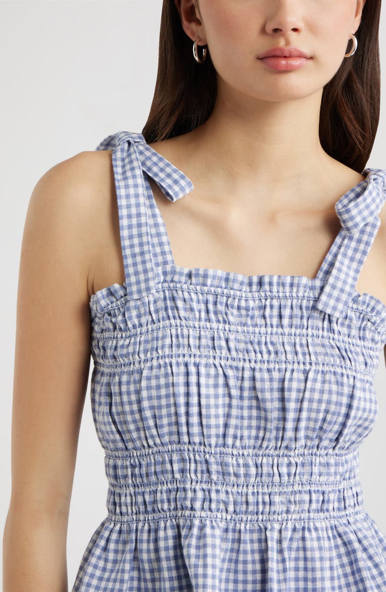 BP. Gingham Shirred Linen Blend Top, Alternate, color, Blue- White Demi Gingham