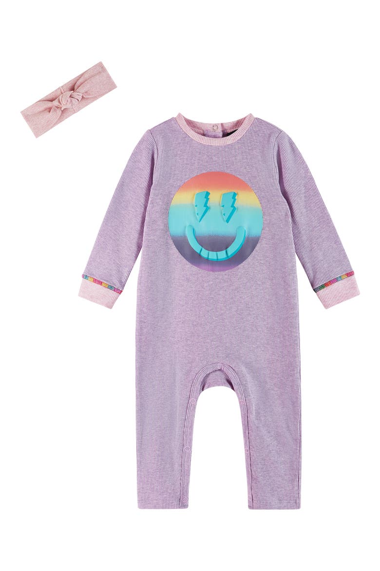 SMILEY® Romper & Headband Set, Main, color, PURPLE SMILEY