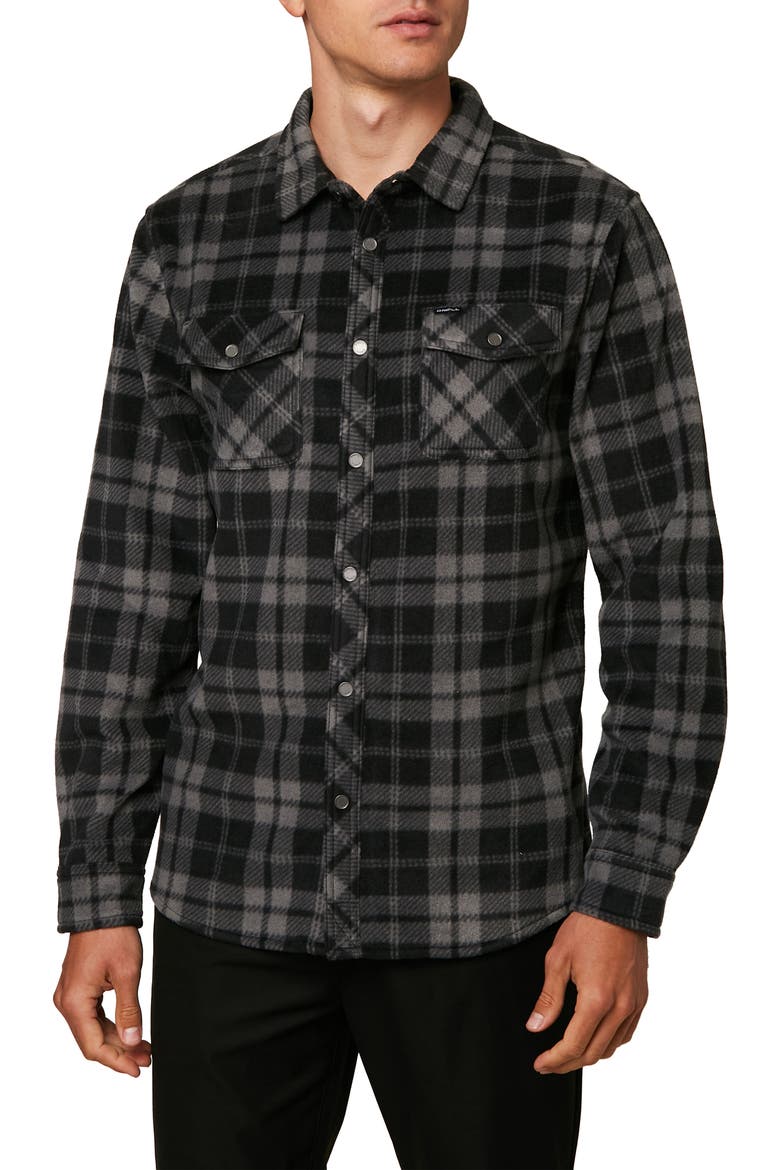 Glacier Plaid Snap-Up Fleece Shirt Jacket, Main, color, BLACK