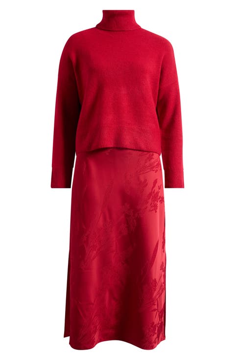 Turtleneck & Satin Midi Dress Set