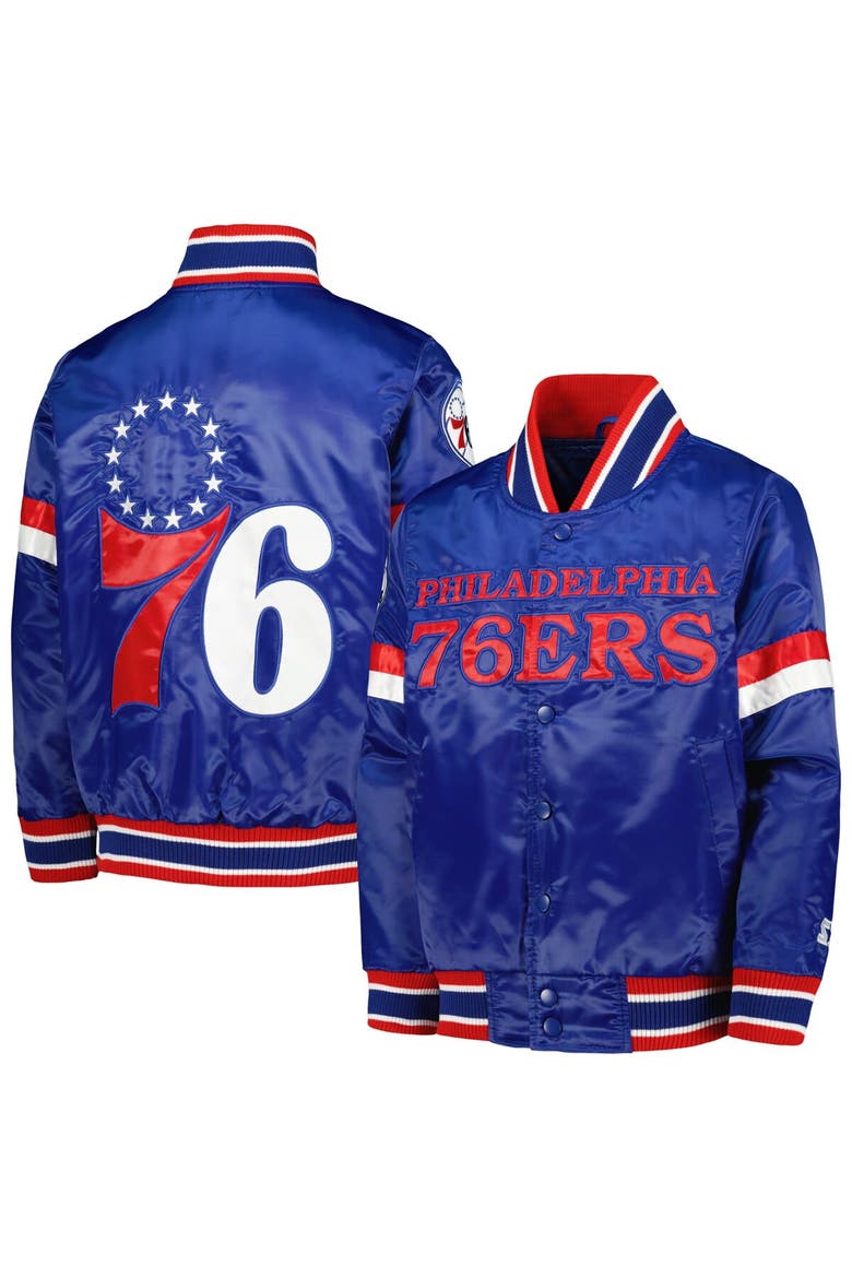 Youth Starter Royal Philadelphia 76ers Home Game Varsity Satin Full-Snap Jacket, Main, color, Royal