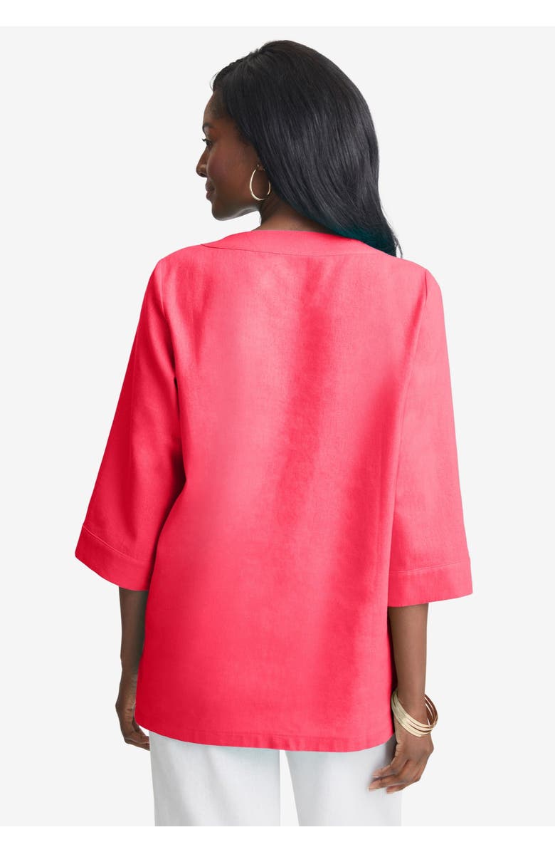 Jessica London Linen V-Neck Embroidered Tunic, Alternate, color, Olive Green Leaf Embroidery