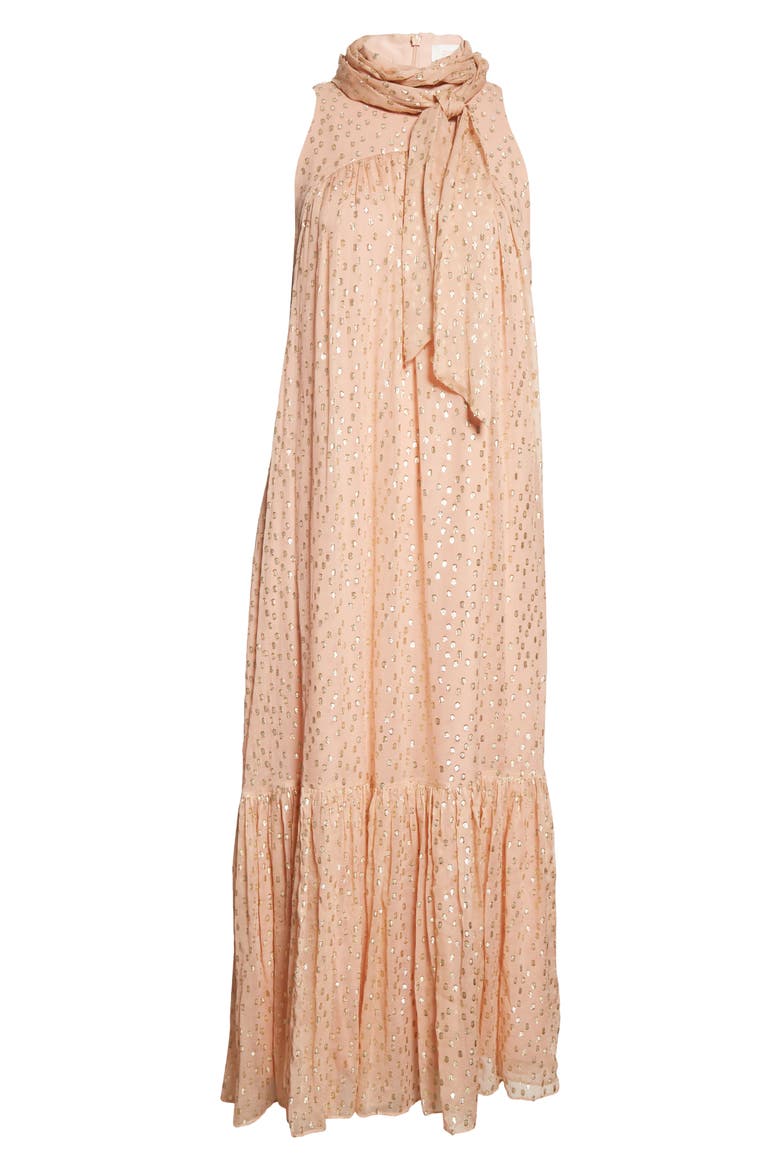 Rhythmic Metallic Fil Coupé Halter Neck Midi Dress, Alternate, color, SHERBET