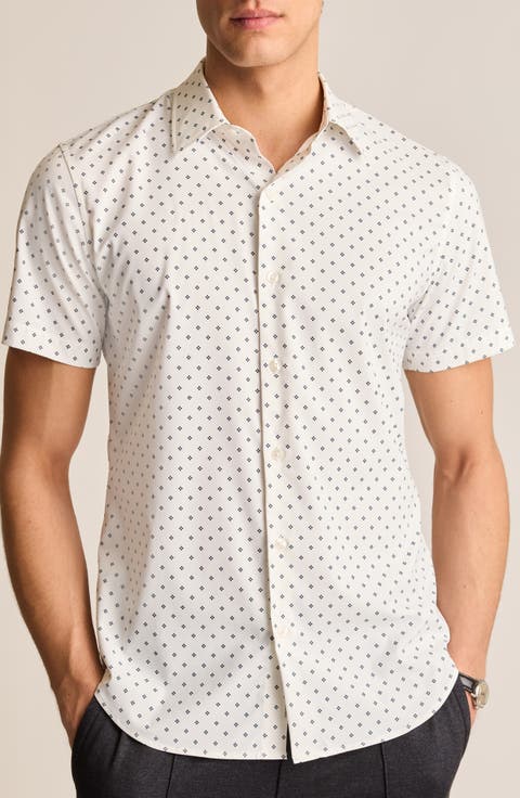Tech Diamond Print Short Sleeve Performance Button-Up Shirt