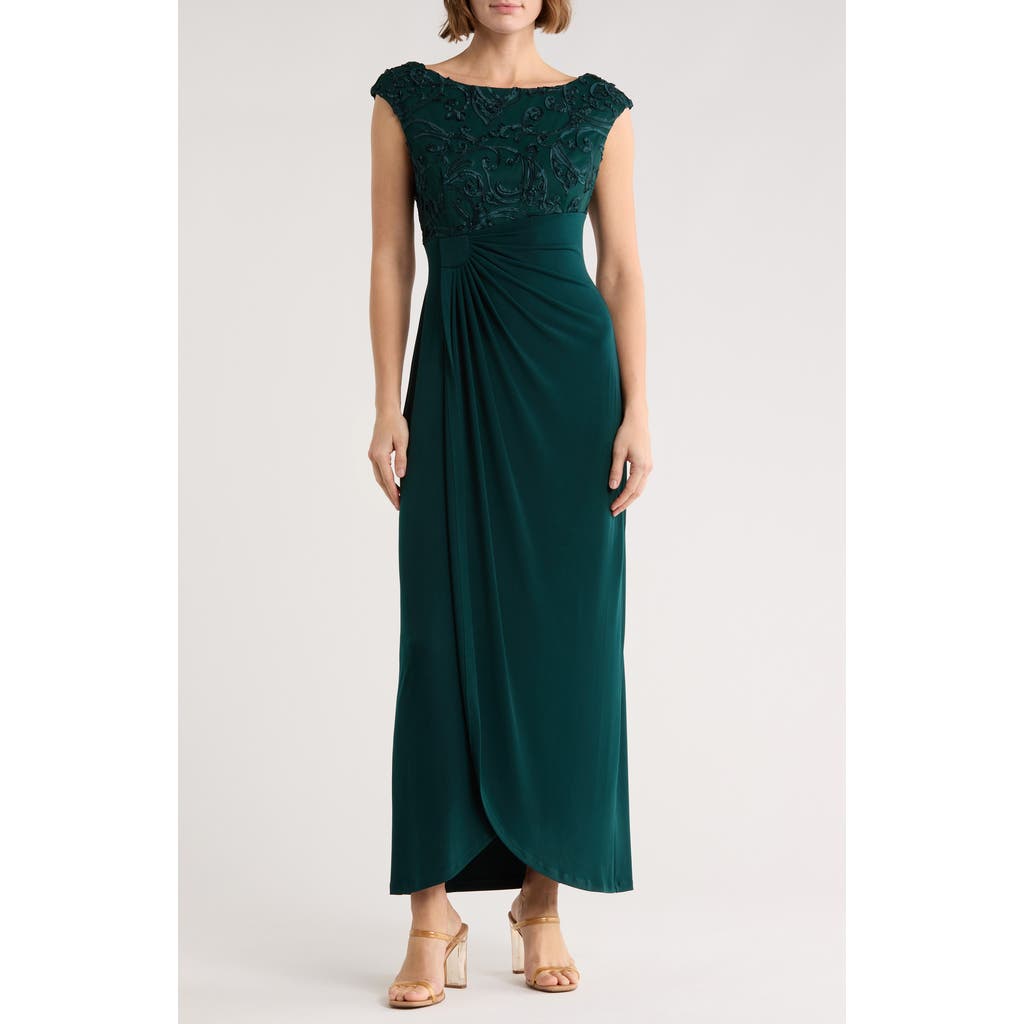 Connected Apparel Soutache Sleeveless Faux Wrap Gown In Green