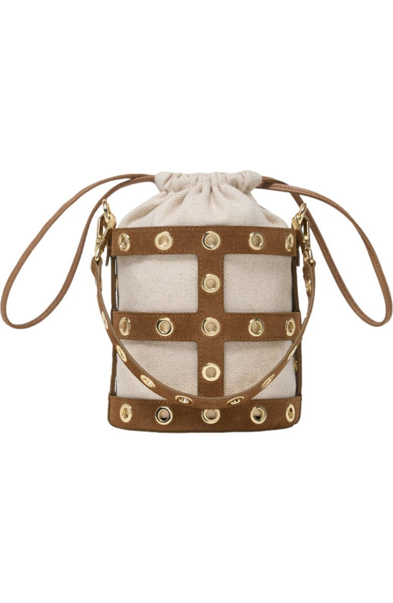 maje Suede Miss M bucket bag, Alternate, color, Camel