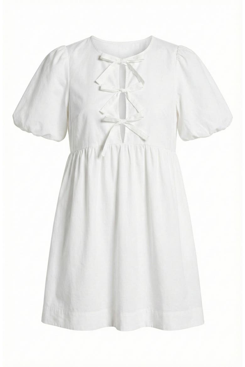 Puff Sleeve Mini Dress with Keyhole Front and Bow Tie Detail, Alternate, color, White