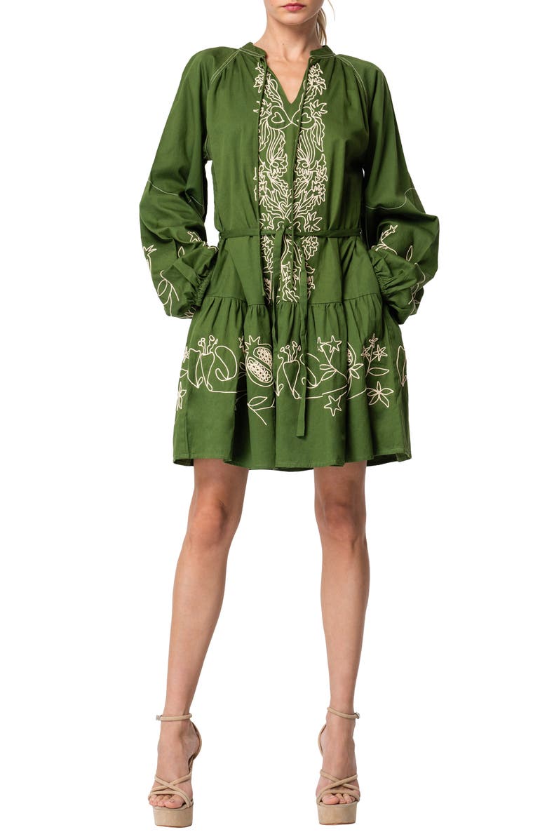 CIEBON Rosetta Embroidered Long Sleeve Cotton Minidress, Main, color, Green Multi
