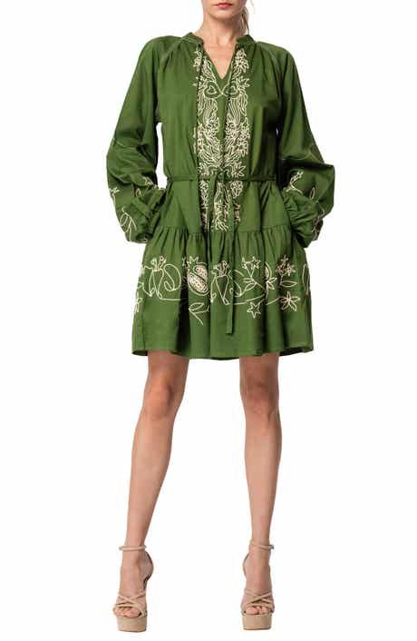 CIEBON Rosetta Embroidered Long Sleeve Cotton Minidress