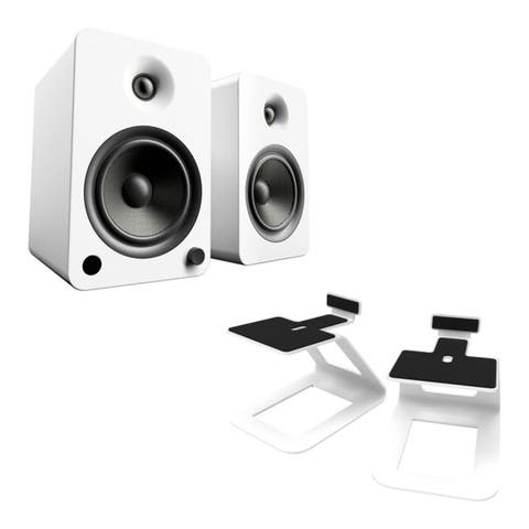YU6 Powered Bookshelf Speakers with SE6 Elevated Desktop Speaker Stands