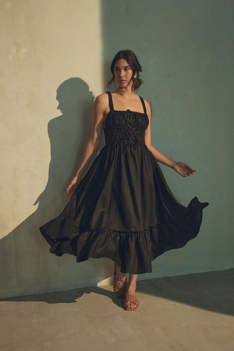 Amara Ruched Midi Linen Dress in Noir Black, Alternate, color, Noir Black