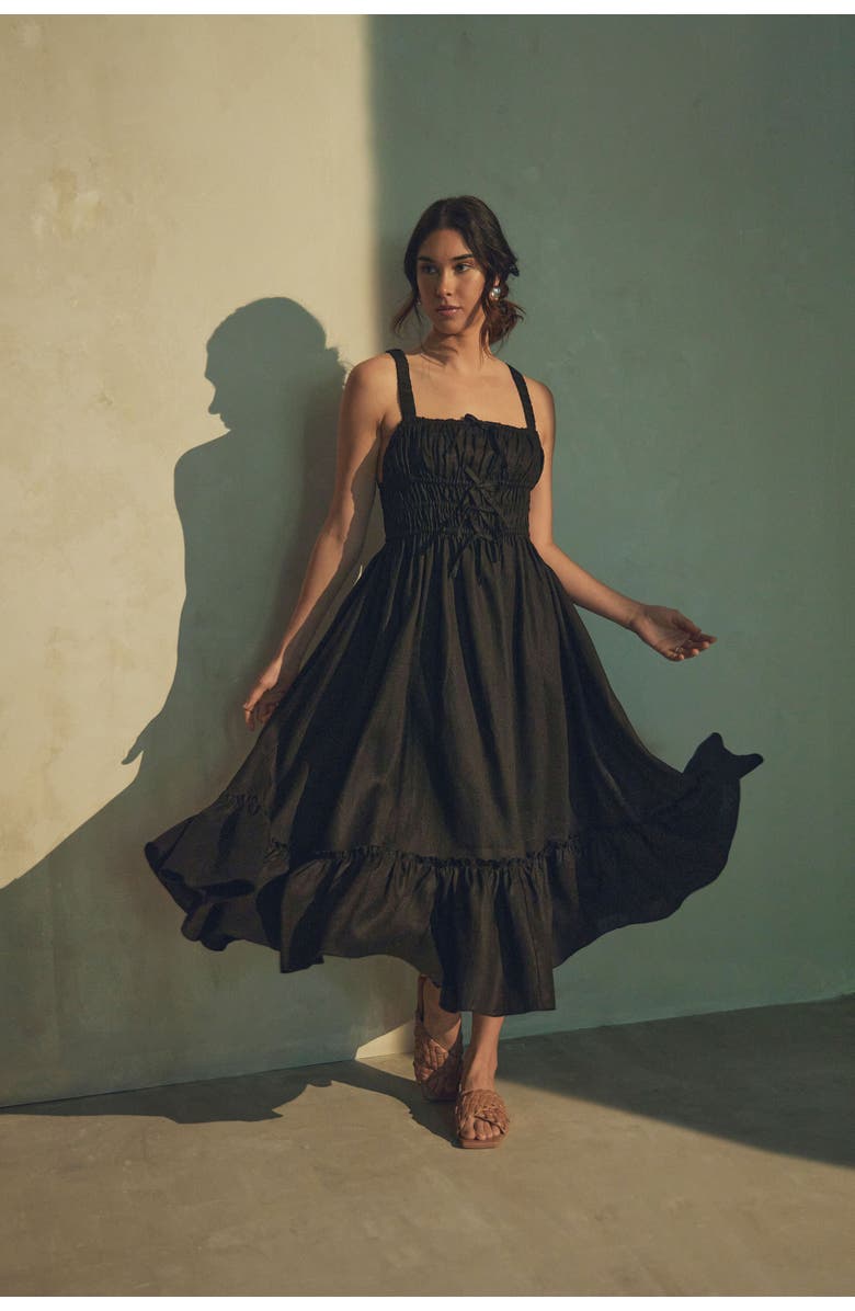 Vasiliki Amara Ruched Midi Linen Dress in Noir Black, Alternate, color, Noir Black