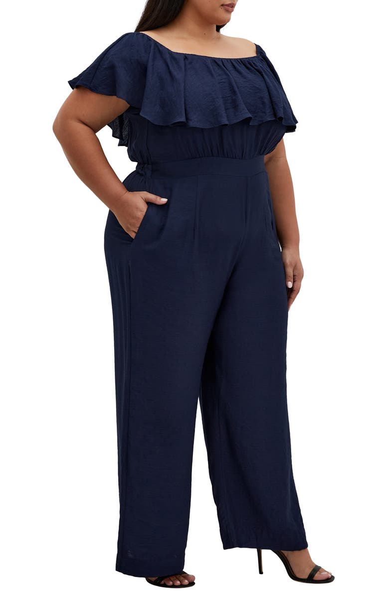 City Chic Serene Ruffle Off the Shoulder Jumpsuit, Main, color, Navy