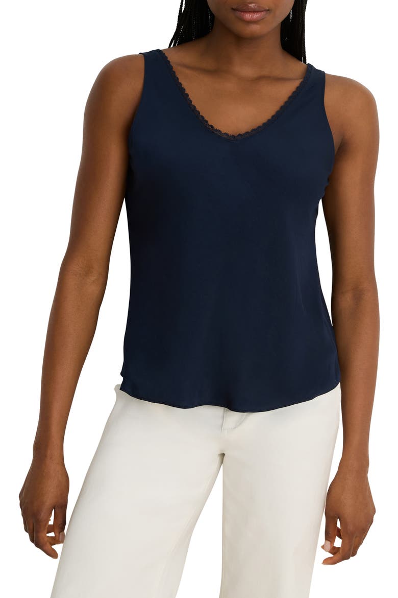 Lace Trim Satin Tank, Main, color, DARK INDIGO