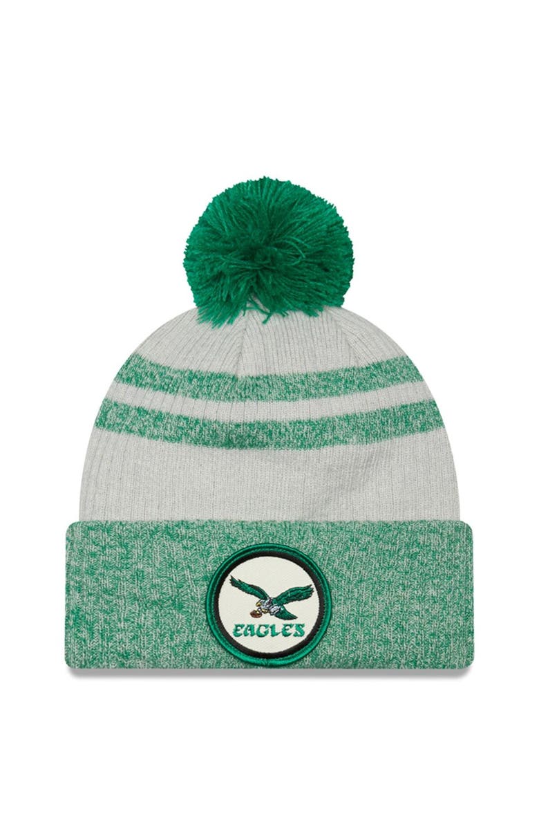 New Era Men's New Era Kelly Green Philadelphia Eagles 2022 Sideline Historic Cuffed Pom Knit Hat, Main, color, 