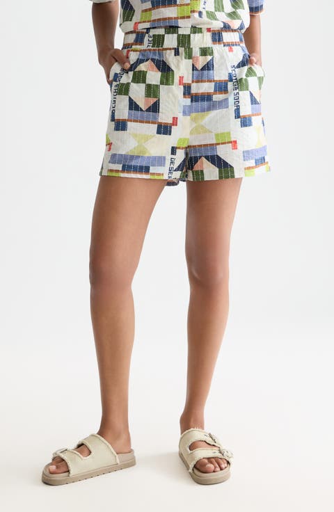 Patchwork Print Embroidered Shorts