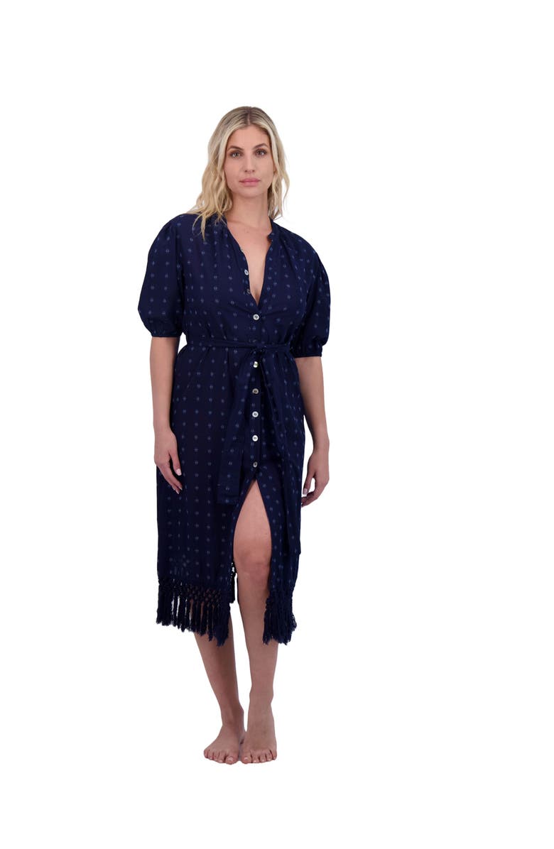 Mer St. Barth Estelle Women's Fringed Shirtdress Navy Turquoise Swiss Dot, Main, color, 