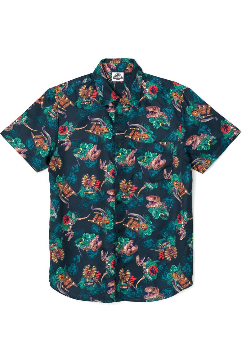 Jurassic Park T-Rex Hawaiian Short Sleeve Button Down Shirt, Alternate, color, Navy Dino Tropical