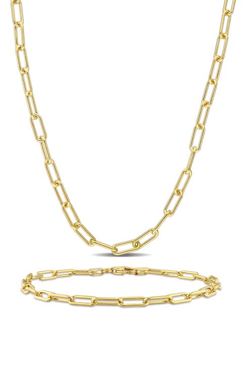 Polished Paper Clip Chain Necklace & Bracelet Set, 3.5mm