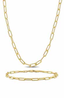 Polished Paper Clip Chain Necklace & Bracelet Set, 3.5mm