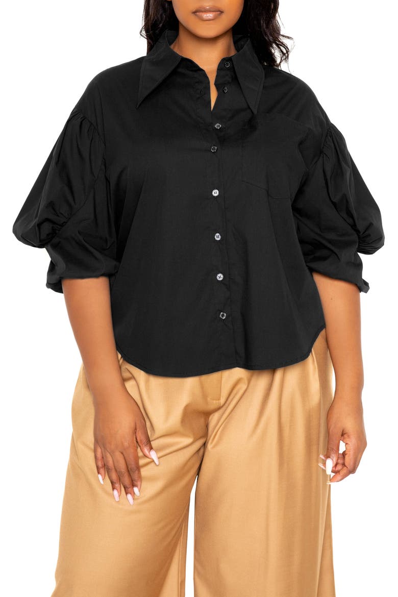 Puff Sleeve Cotton Blend Button-Up Shirt, Main, color, BLACK