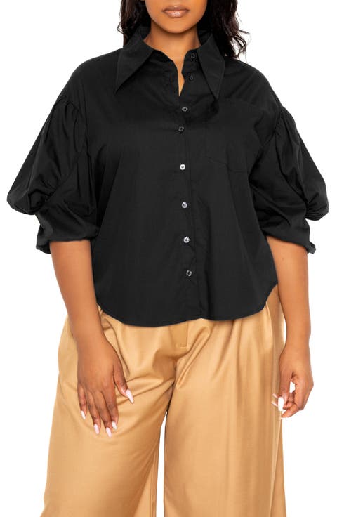 Puff Sleeve Cotton Blend Button-Up Shirt (Plus Size)