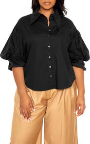 BUXOM COUTURE Puff Sleeve Cotton Blend Button-Up Shirt