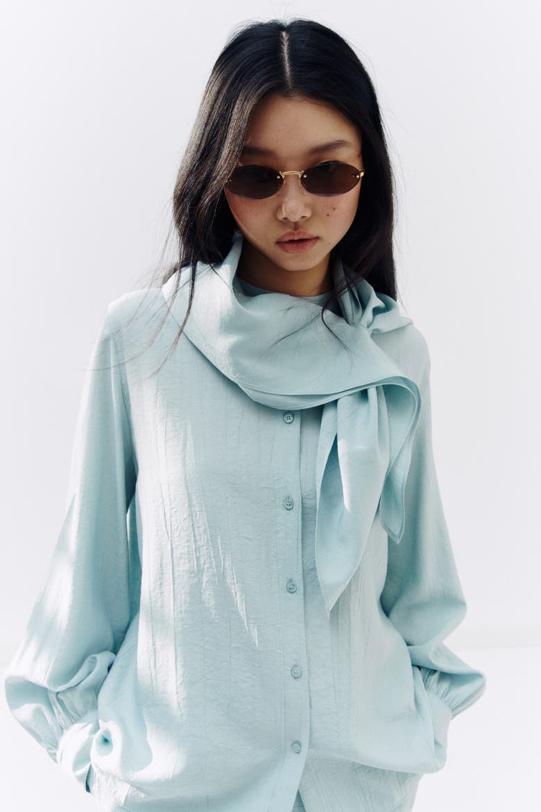 Scarf-detail Shirt, Alternate, color, Light dusty turquoise