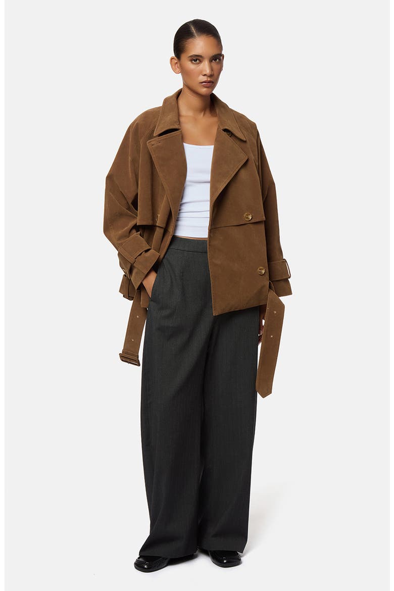 Gaia Faux Suede Short Trench Coat, Alternate, color, SADDLE BROWN