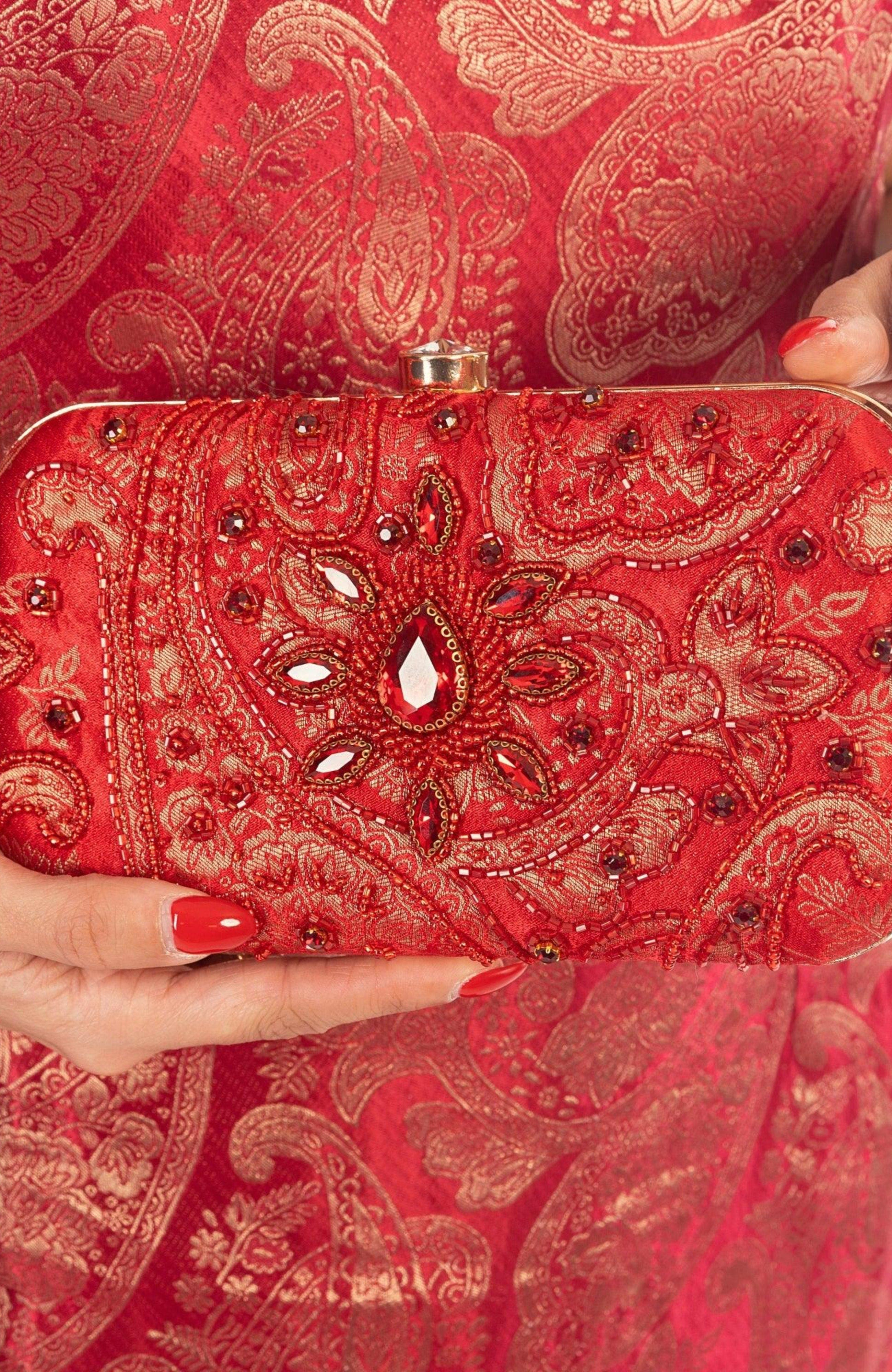RAAS Cerise Embroidered Red Clutch, Alternate, color, 