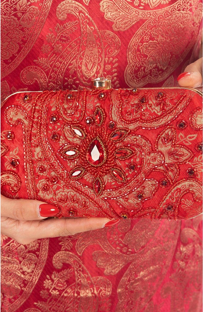 RAAS Cerise Embroidered Red Clutch, Alternate, color,