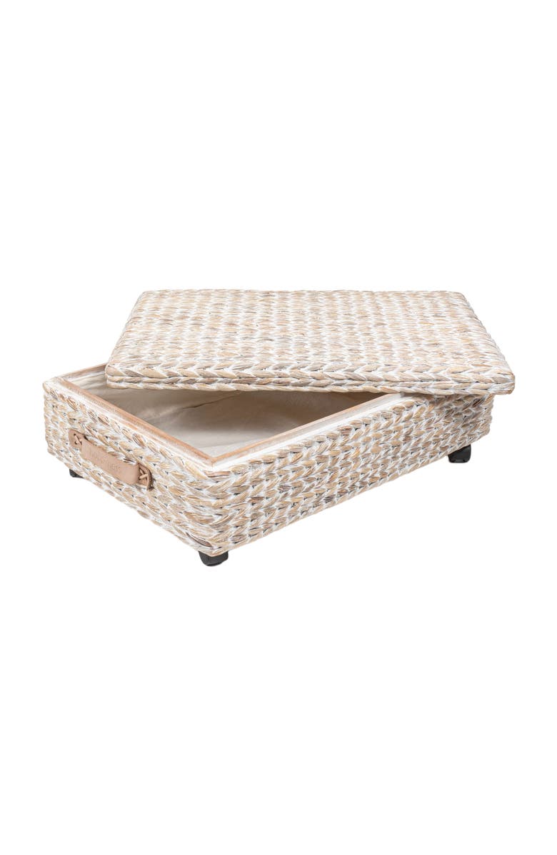 HAPPIMESS Chett Minimalist Hand-Woven Hyacinth/Wood Underbed Storage Bin with Wheels and Handles, Main, color, White Wash