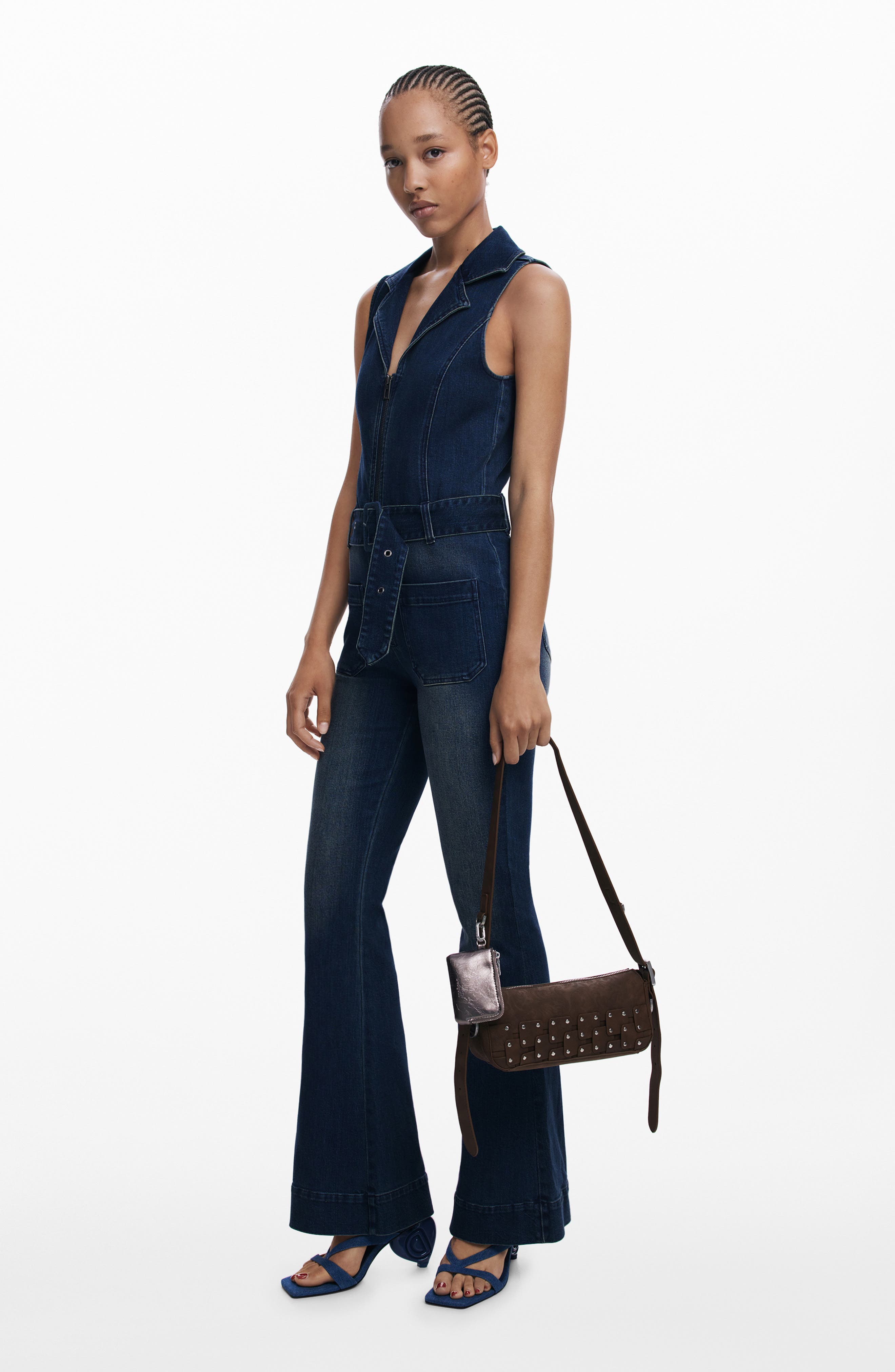 Desigual Studded Patchwork Faux Leather Crossbody Bag, Alternate, color, Dark Brown