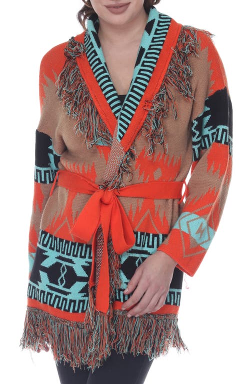 Rain And Rose Belted Western Fringe Cardigan In Brown