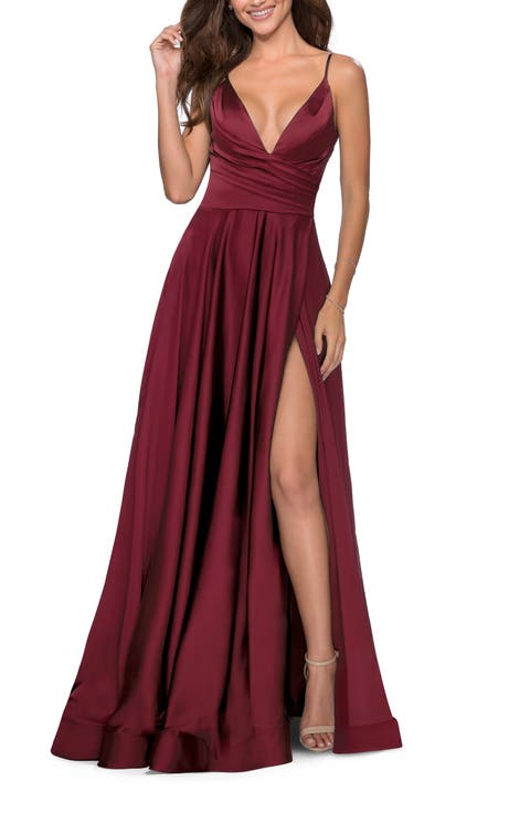 Long Satin Dress with Side Slit and V Shaped Back