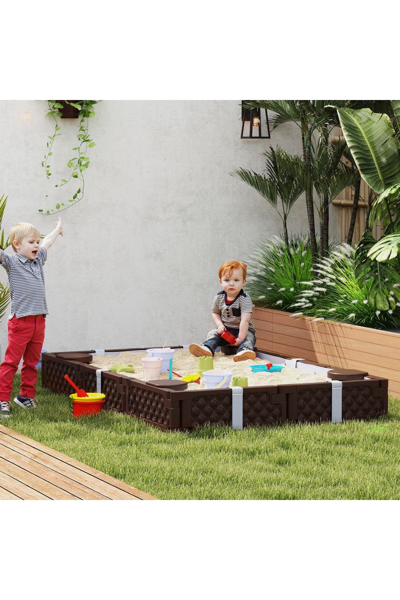 Kids Sandbox with Cover, Built-in Seating & Bottom Liner, Alternate, color, Brown