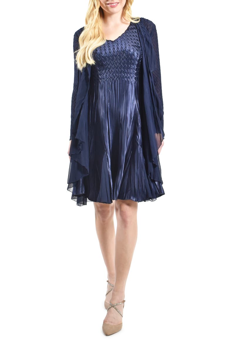Charmeuse & Chiffon Cocktail Dress with Duster Jacket, Main, color, MIDNIGHT NAVY