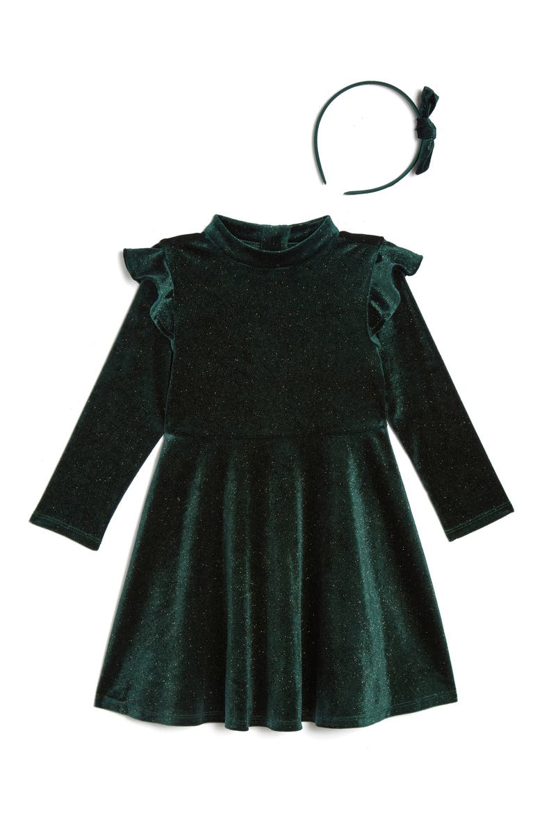 Claire Sparkle Velvet Skater Dress with Headband, Main, color, GREEN