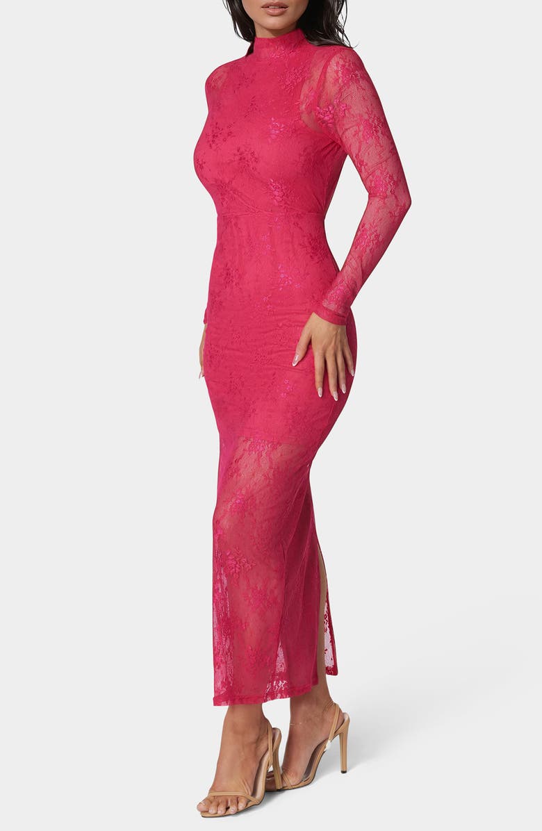 bebe Illusion Lace Long Sleeve Body-Con Dress, Alternate, color, Raspberry