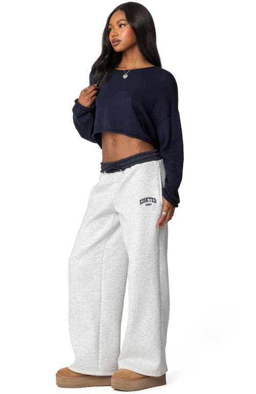 Shop Edikted Contrast Waist Logo Wide Leg Sweatpants In Gray-melange